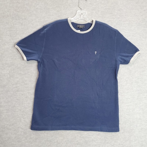 VINTAGE Guess Boys T-Shirt 2XL Blue Ringer Waffle Knit Logo Embroidered Peru 90s - Picture 1 of 10
